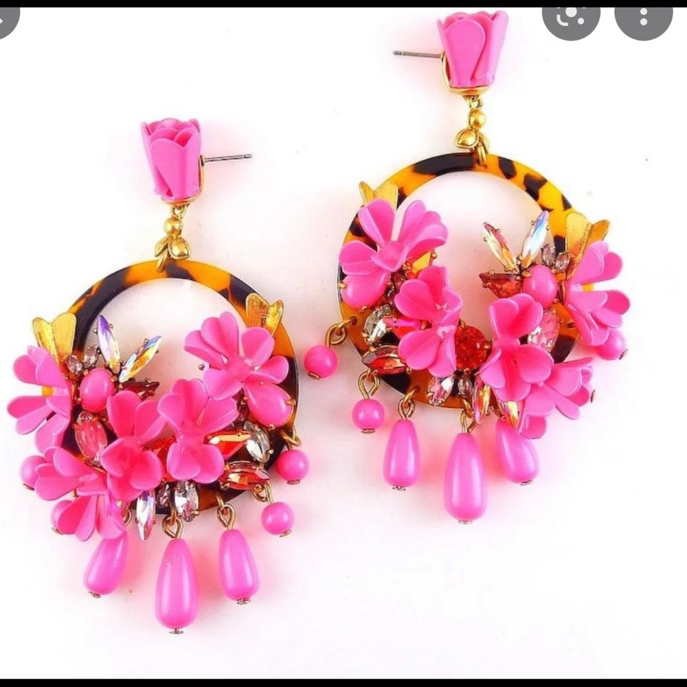 J.Crew Fuschia Pink, Rhinestone and Animal Print Hoops
